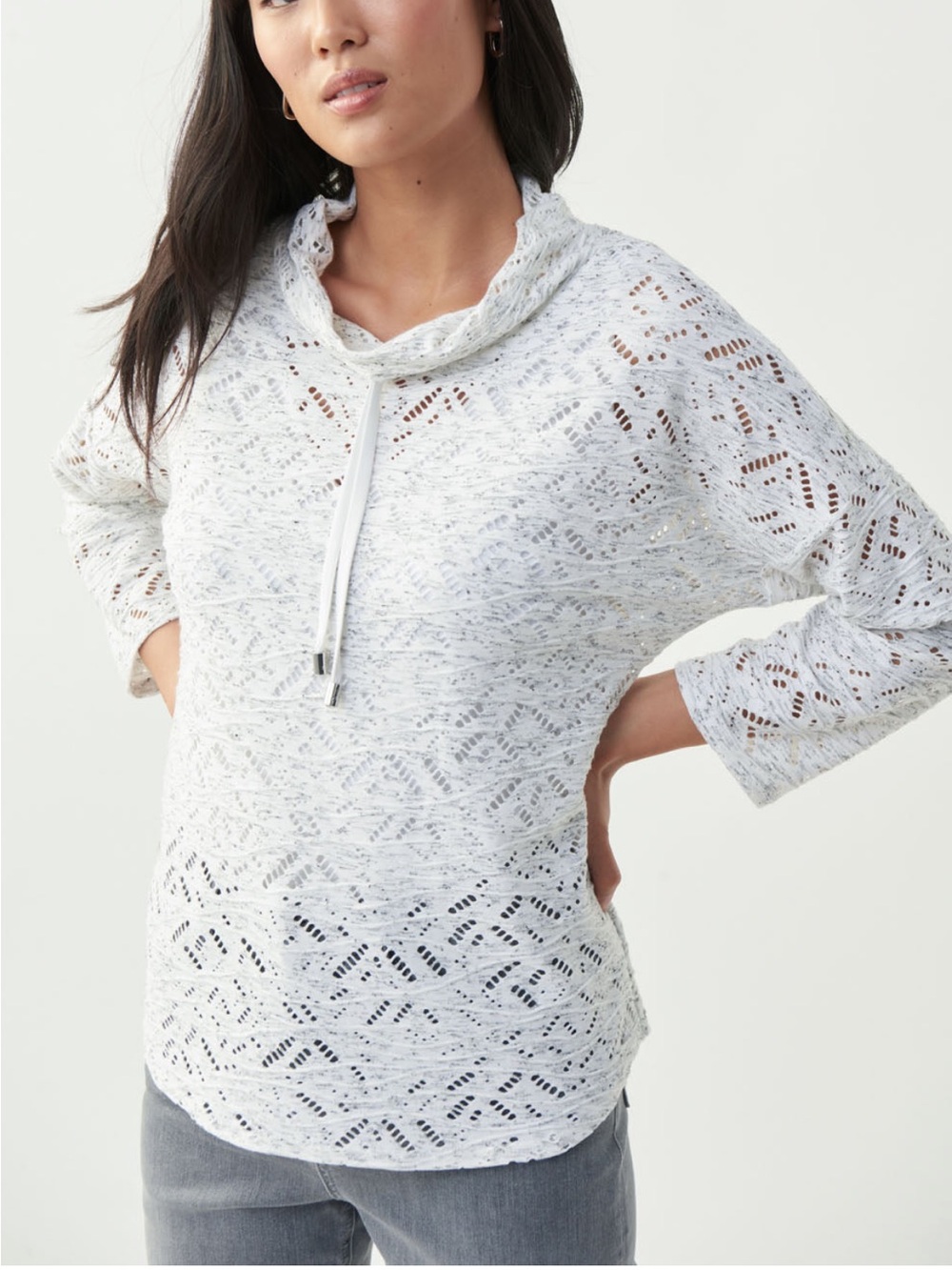 Joseph Ribkoff Jacquard Vanilla Top Textured Open Weave Cowl Neck Size Small